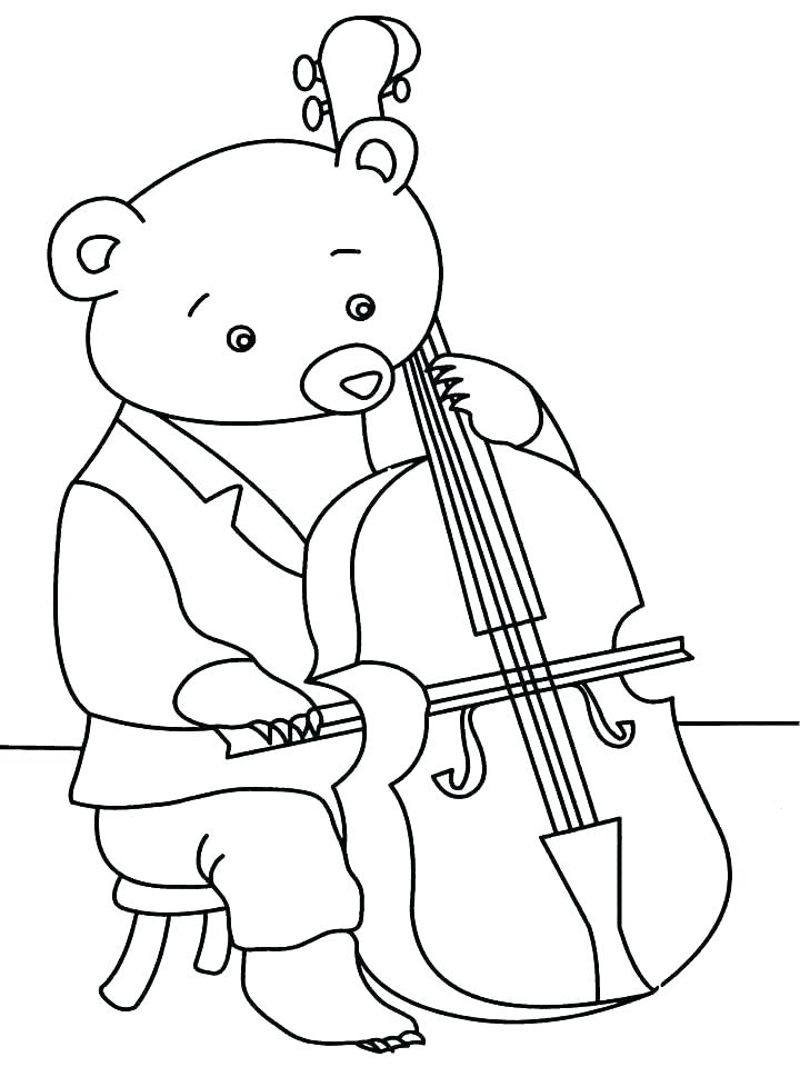 Desenho de Urso Tocando Violoncelo em Orquestrá para Colorir