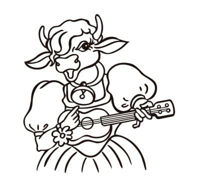 Desenho de Vaca Tocando violão para Colorir