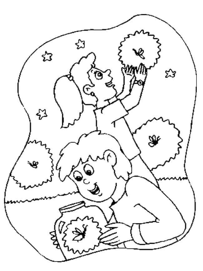 Desenho de Crianças e Vagalumes para Colorir