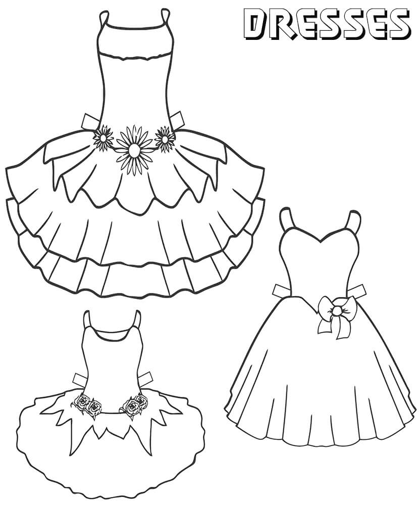 Desenho de Três Vestidos Lindos para Colorir e Personalizar