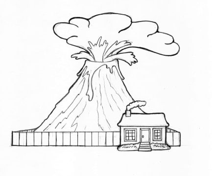 Desenho de vulcão Perto de Uma casa para Colorir grátis Download