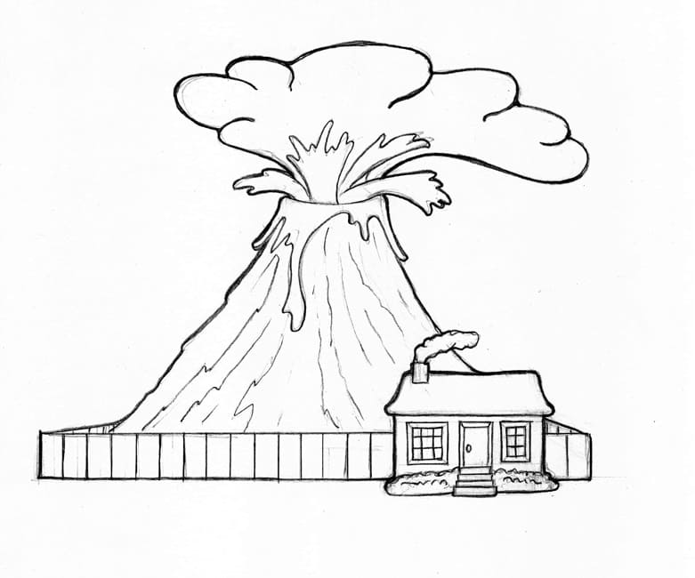Desenho de Vulcão Perto de uma Casa para Colorir Grátis Download