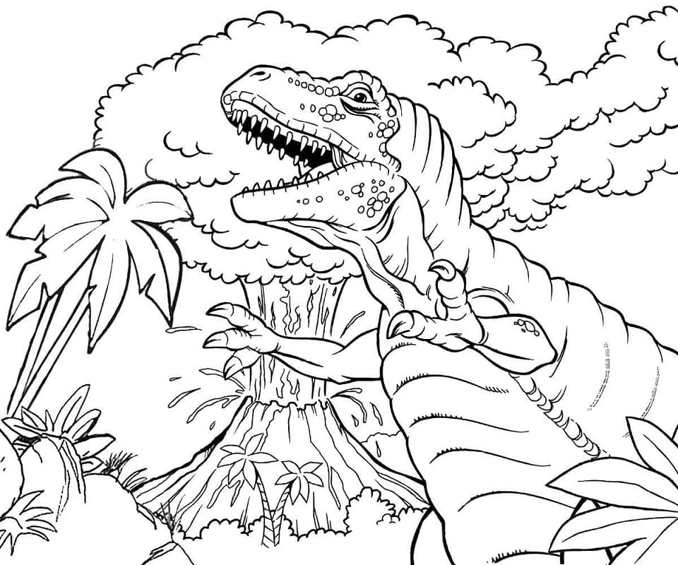 Desenho Dinossauro com Vulcão para Colorir