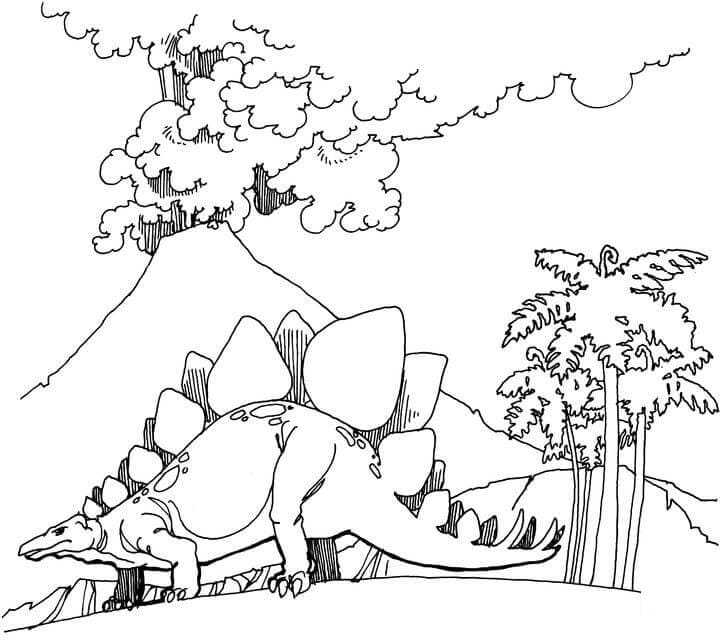 Desenho Dinossauro e Vulcão para Colorir