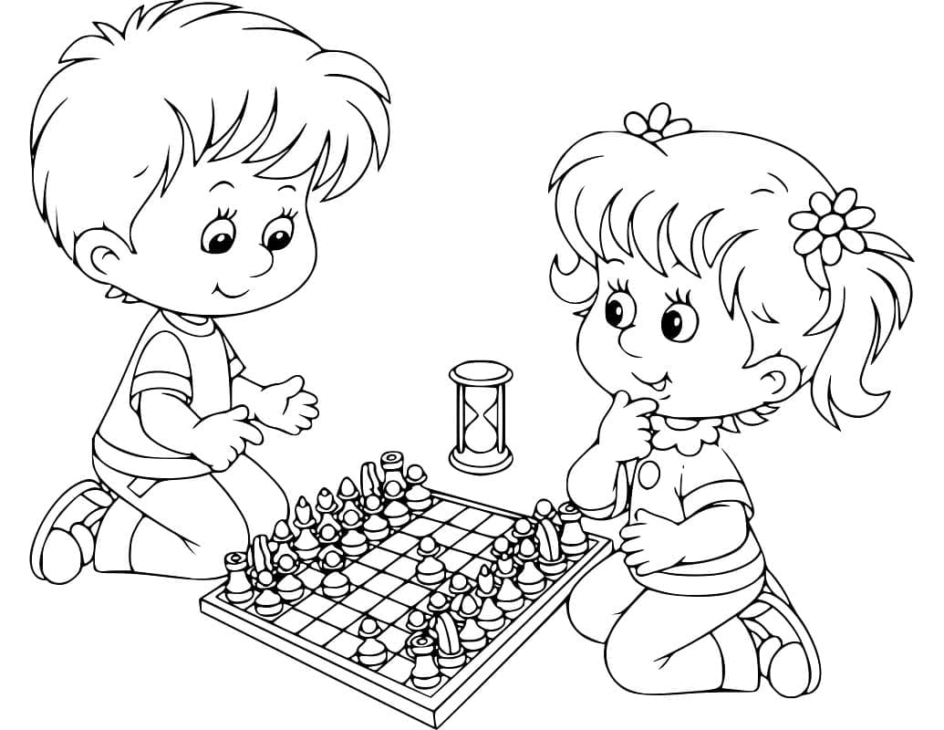 Desenho de Crianças Jogam Xadrez para Colorir