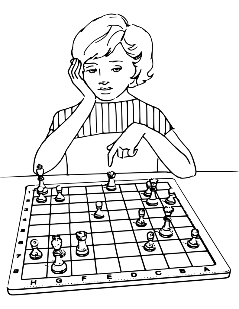 Desenho de Menina Jogando Xadrez na Escola para Colorir