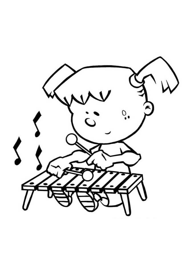 Desenho de Criança Tocando Xilofone Instrumento Musical para Imprimir