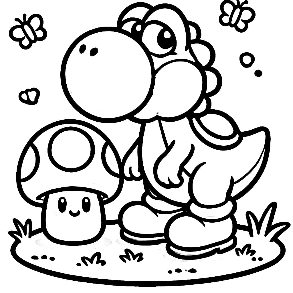Desenho de Yoshi com Cogumelo para Colorir