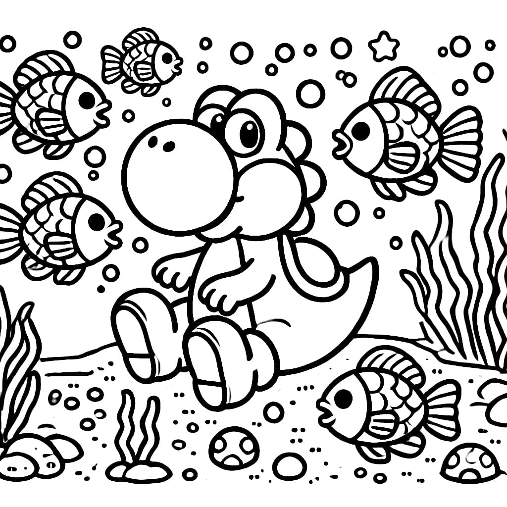 Desenho de Yoshi e Peixe para Colorir