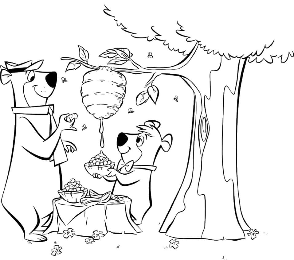 Desenho de Zé Colmeia Colhendo Mel Download para Imprimir e Colorir
