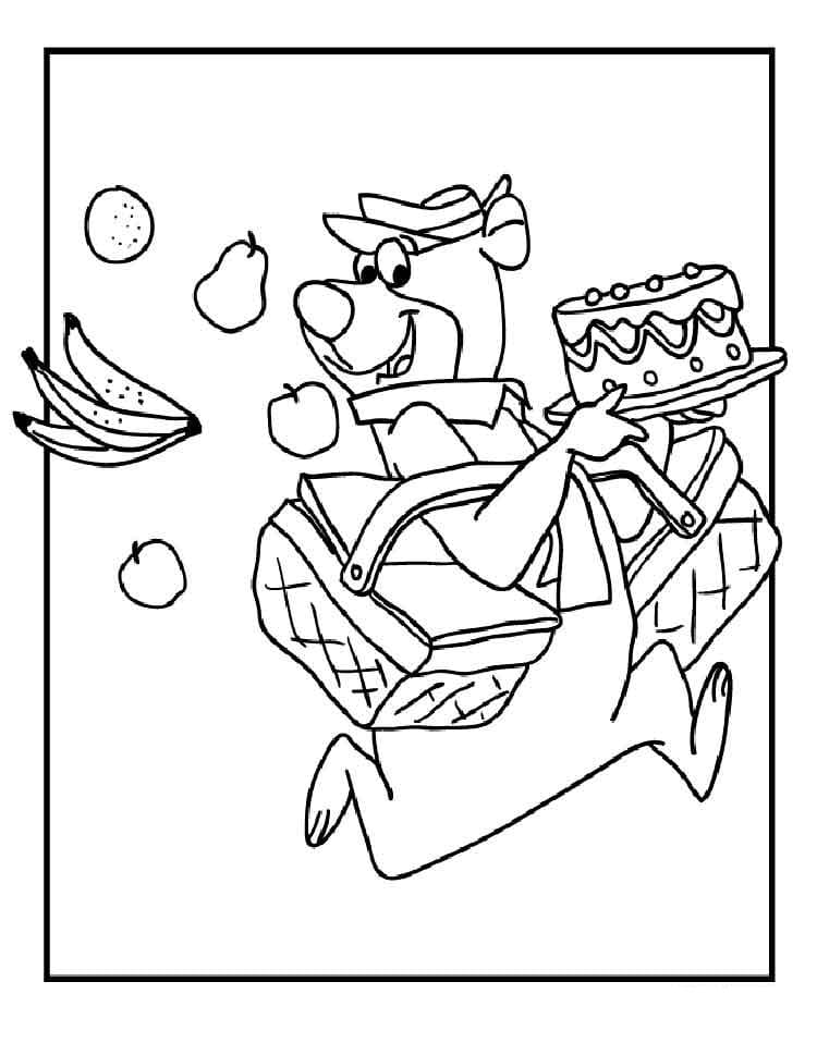 Desenho de Zé Colmeia Correndo com Cesta de Comida Pdf para Imprimir Grátis