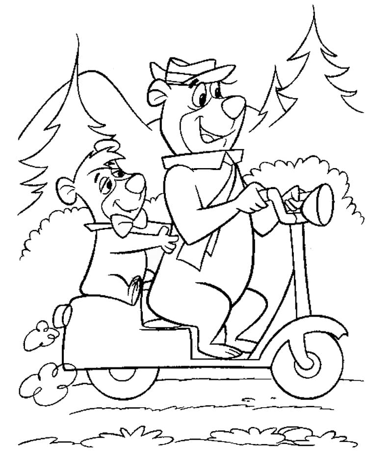 Desenho de Zé Colmeia de Moto na Floresta Grátis para Imprimir e Colorir