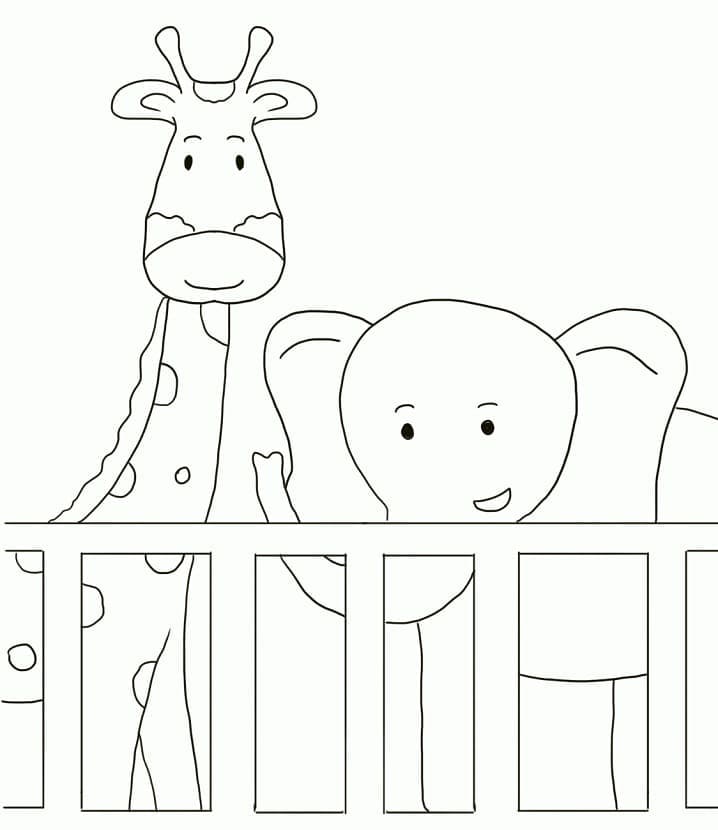 Desenho de Zoológico Girafa e Elefante para Colorir com Giz de Cera